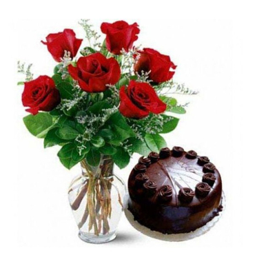 Florero de 06 Rosas ms Torta de Cobertura de Chocolate de 15 Personas